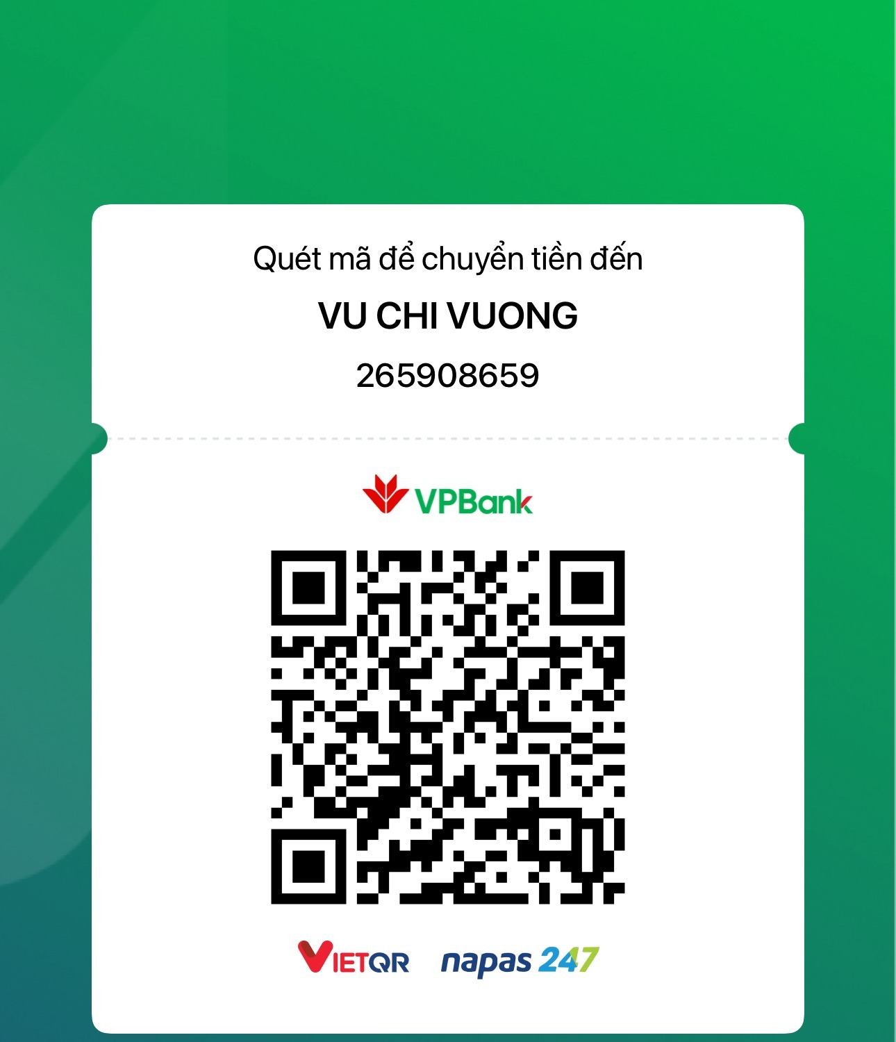 Mã QR chuyển khoản Vũ Chí Vượng VPBank